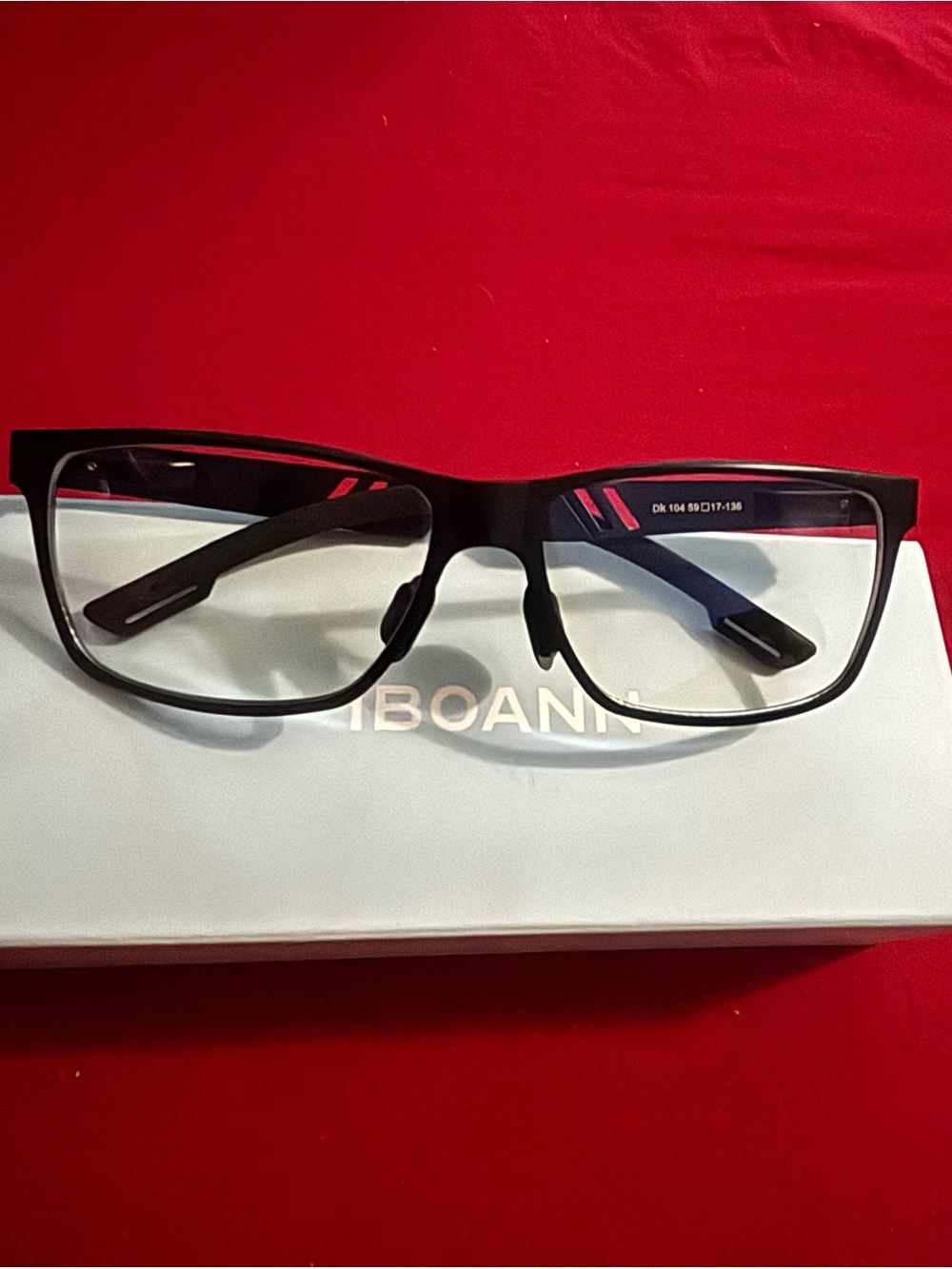 Men’s Matte Black Rectangular Glasses with Red Temple Accents